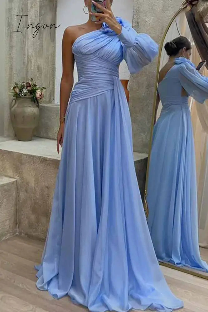 Ingvn - Elegant Solid Fold Oblique Collar Evening Dress Dresses Sky Blue / S Dresses/Party And