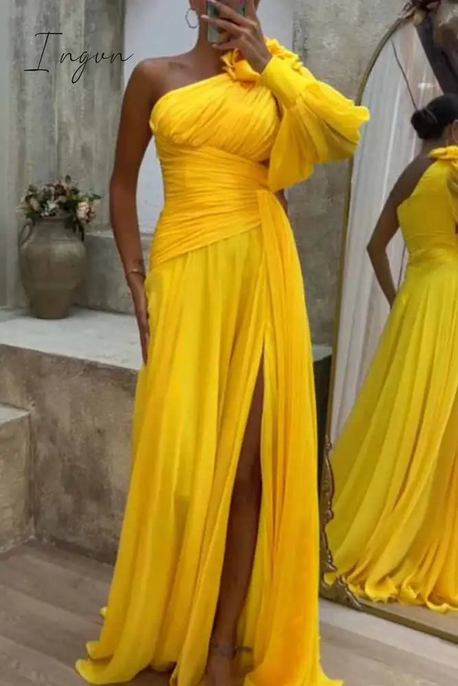 Ingvn - Elegant Solid Fold Oblique Collar Evening Dress Dresses Yellow / S Dresses/Party And