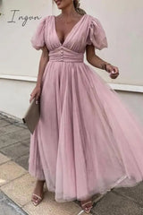 Ingvn- Elegant Solid Lace Mesh V Neck Evening Dress Dresses Dresses/Party And Cocktail