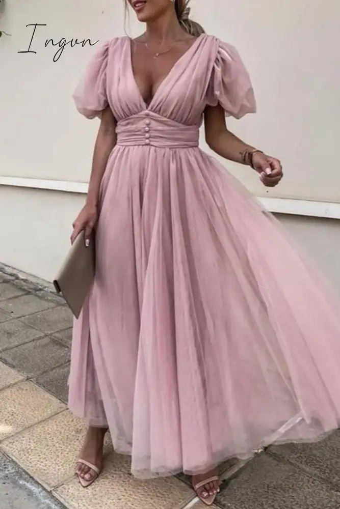 Ingvn- Elegant Solid Lace Mesh V Neck Evening Dress Dresses Pink / S Dresses/Party And Cocktail