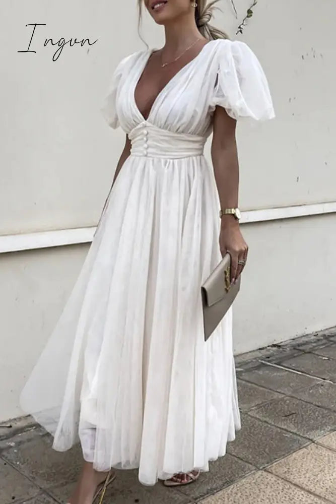 Ingvn- Elegant Solid Lace Mesh V Neck Evening Dress Dresses White / S Dresses/Party And Cocktail