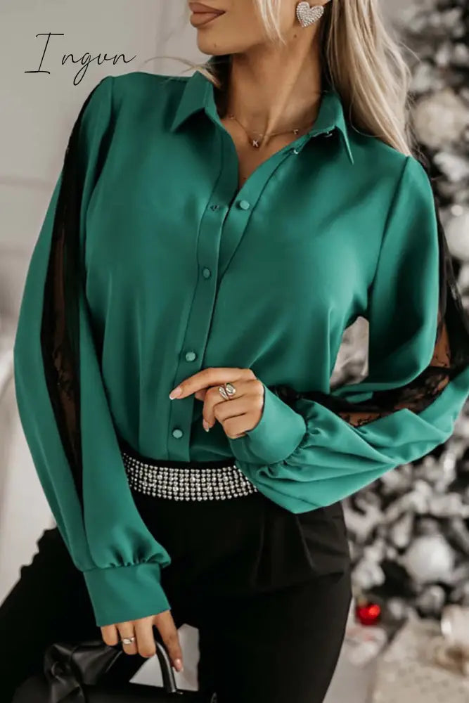 Ingvn- Elegant Solid Mesh Shirt Collar Tops Tops/Blouses & Shirts