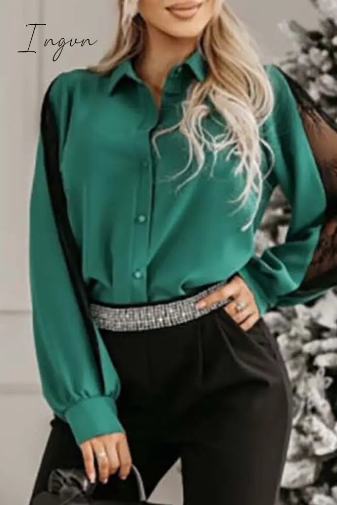 Ingvn- Elegant Solid Mesh Shirt Collar Tops Green / S Tops/Blouses & Shirts