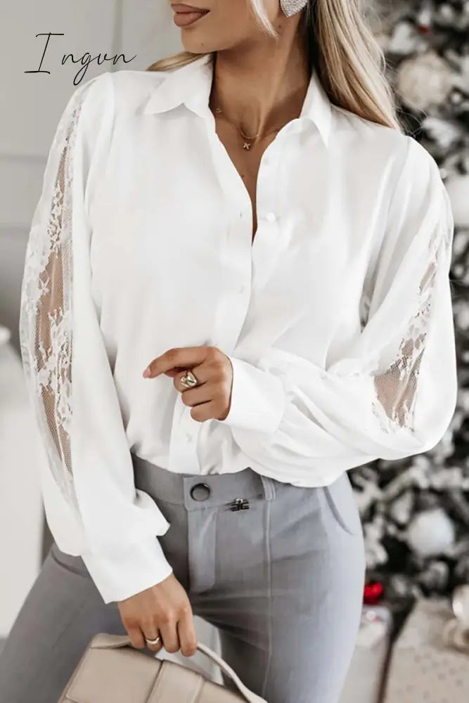 Ingvn- Elegant Solid Mesh Shirt Collar Tops White / S Tops/Blouses & Shirts