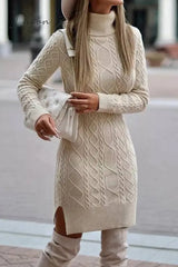 Ingvn - Elegant Solid Slit Weave Turtleneck Long Sleeve Dresses Apricot / S Dresses/Sweater