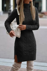 Ingvn - Elegant Solid Slit Weave Turtleneck Long Sleeve Dresses Black / S Dresses/Sweater
