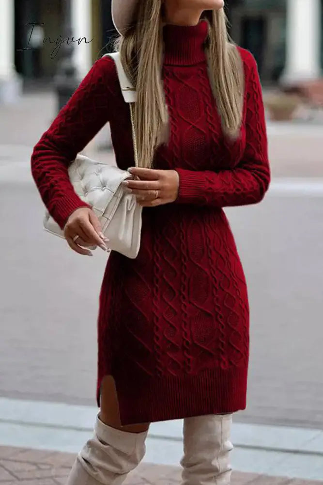 Ingvn - Elegant Solid Slit Weave Turtleneck Long Sleeve Dresses Burgundy / S Dresses/Sweater