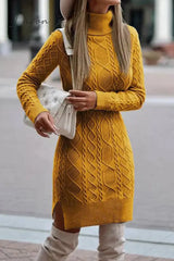 Ingvn - Elegant Solid Slit Weave Turtleneck Long Sleeve Dresses Ginger / S Dresses/Sweater