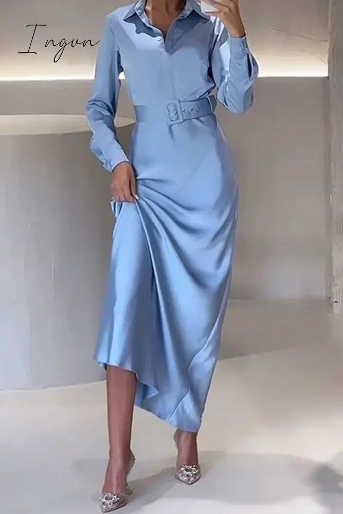 Ingvn - Elegant Solid With Belt Turndown Collar Shirt Dress Dresses Blue / S Dresses/Long Sleeve