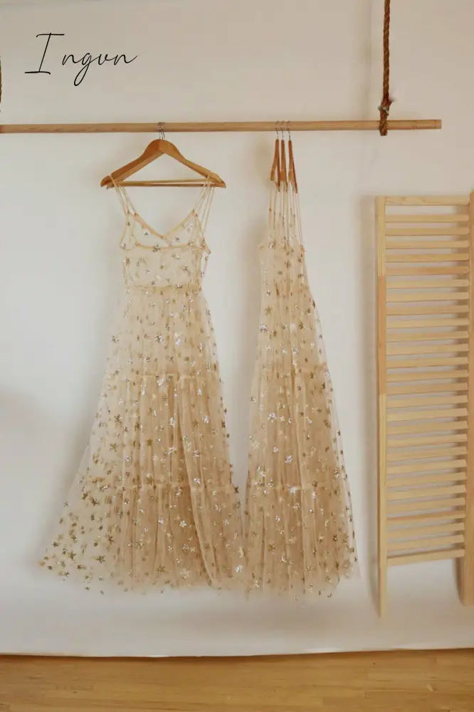 Ingvn - Elegant Spaghetti Straps Tulle Long Women Dress Fashion Bling See Through Sexy Hot Selling