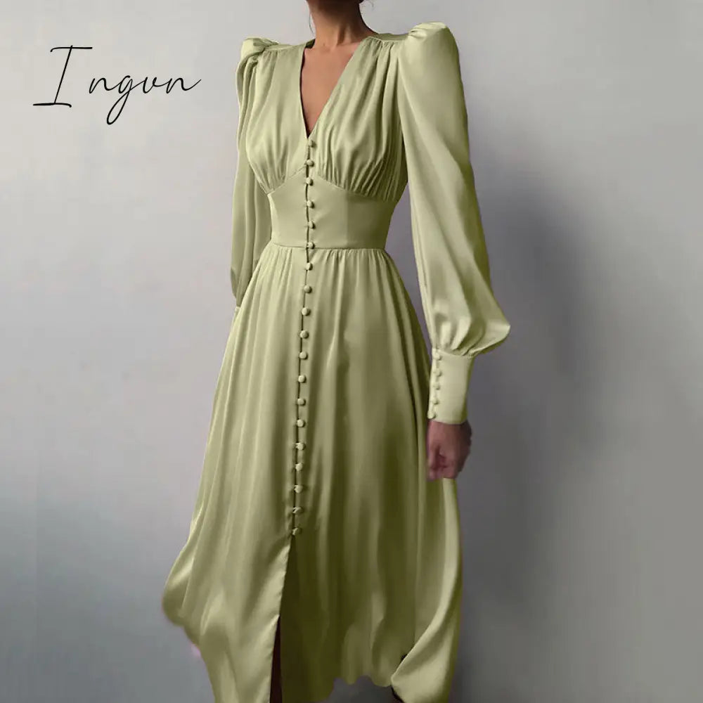 Ingvn - Elegant Spring Satin Bishop Sleeve A - Line Dress Women V - Neck High Waist Button Solid