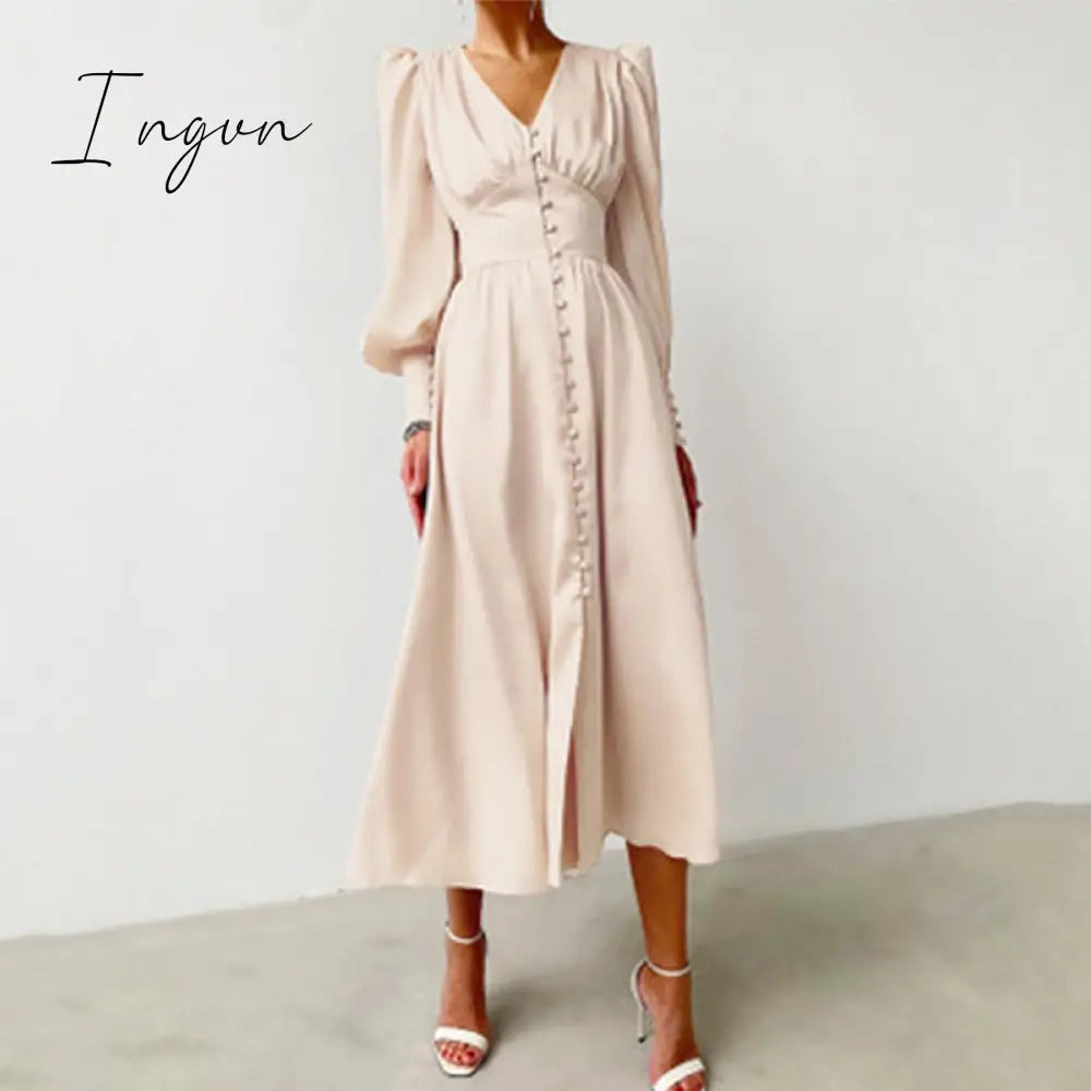 Ingvn - Elegant Spring Satin Bishop Sleeve A - Line Dress Women V - Neck High Waist Button Solid