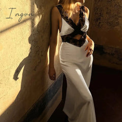 Ingvn - Elegant White Satin Maxi Dress Women Sexy Lace Patchwork Sleeveless Slim Summer 2023 Hollow