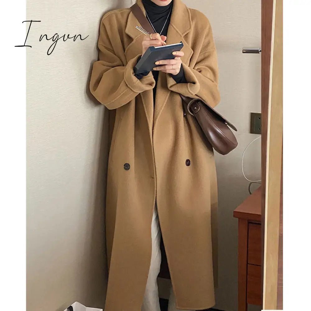 Ingvn - Elegant Women Double Breasted Loose Woolen Coat Lapel Collar Long Sleeve Casual Solid