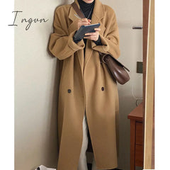 Ingvn - Elegant Women Double Breasted Loose Woolen Coat Lapel Collar Long Sleeve Casual Solid