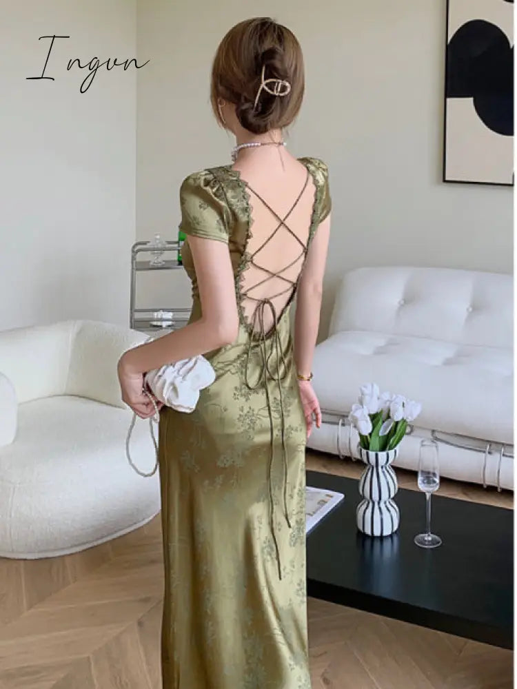 Ingvn - Elegant Women Green Satin Backless Mixi Dress Vintage Palace Bodycon Party Dresses Lace
