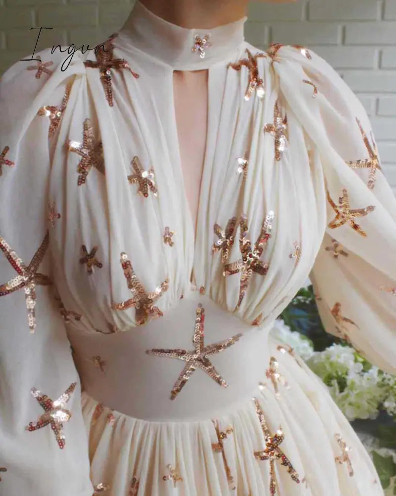 Ingvn - Elegant Women Party Chiffon Dress Sequined Detail Design Slim Waist Classy Formal High Slit