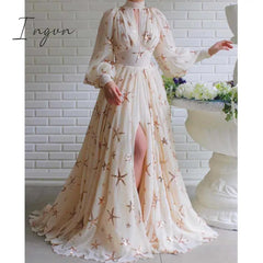 Ingvn - Elegant Women Party Chiffon Dress Sequined Detail Design Slim Waist Classy Formal High Slit
