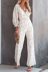 Ingvn - Embroidery Lace V Neck Regular Jumpsuits White / S & Rompers/Jumpsuits