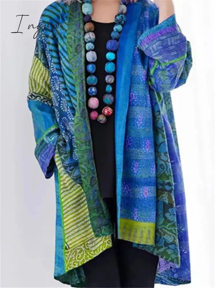 Ingvn - Ethnic Style Striped Printed Cotton Linen Midi Length Coat Blue / S Tops