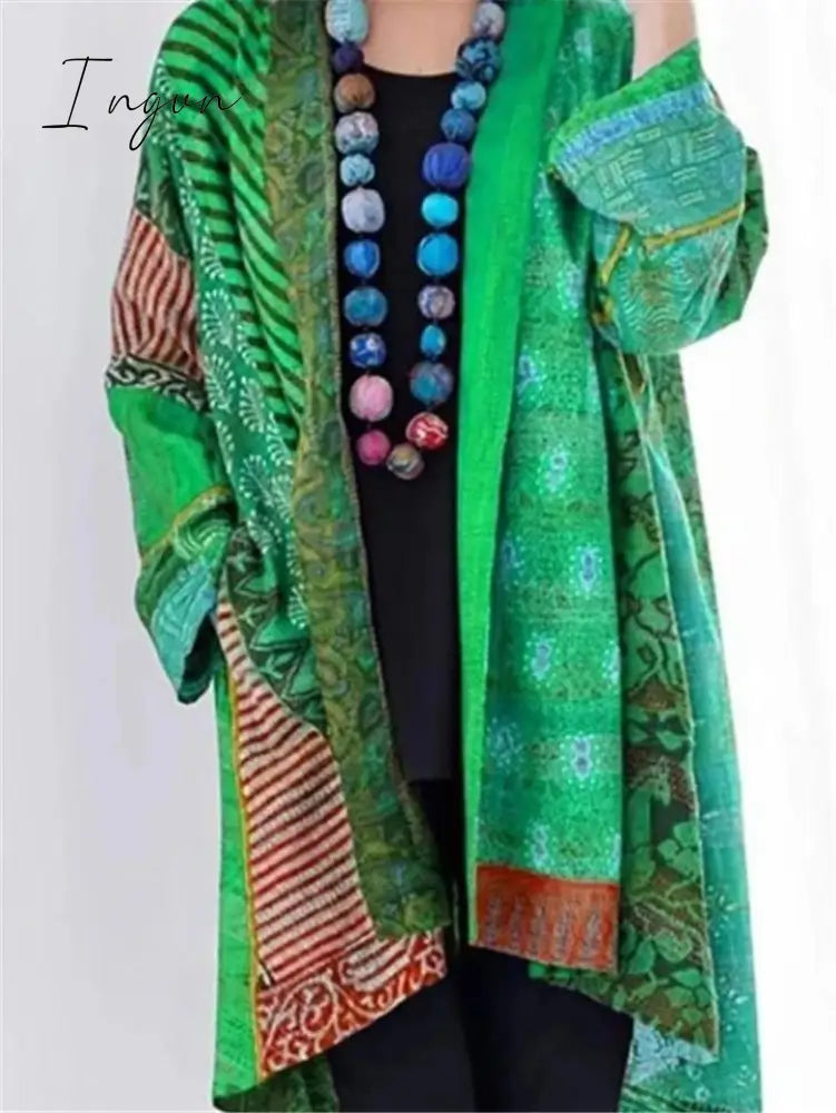 Ingvn - Ethnic Style Striped Printed Cotton Linen Midi Length Coat Green / S Tops
