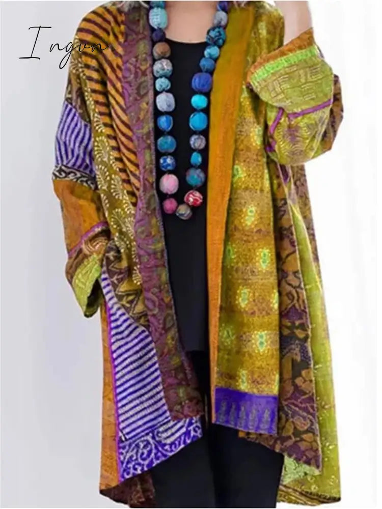Ingvn - Ethnic Style Striped Printed Cotton Linen Midi Length Coat Yellow / S Tops