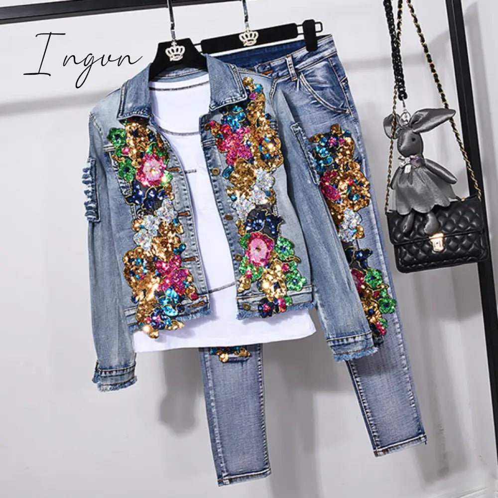Ingvn - European Style Denim Suit Fashion Outfit Women New Flower Sequined Jacket Short & Jeans