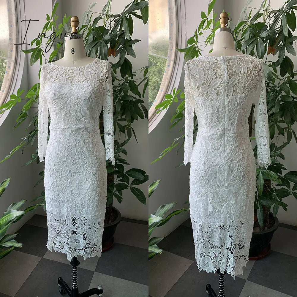 Ingvn - Evening Party Date Women White See Through Hollow Out Floral Lace Bodycon Dress Office Lady