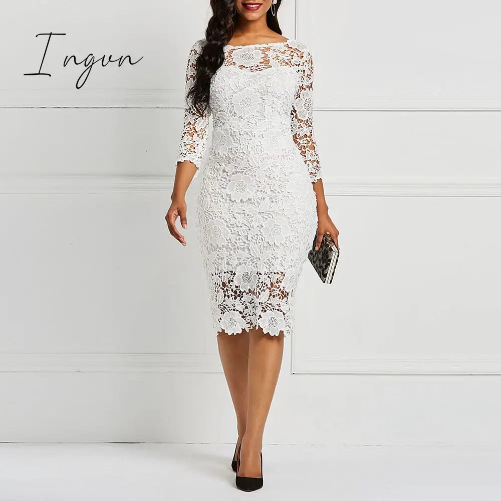 Ingvn - Evening Party Date Women White See Through Hollow Out Floral Lace Bodycon Dress Office Lady