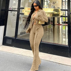 Ingvn - Fall 2 Pieces Set Tracksuits Women Clubwear Festival Outfit Turndown Neck Solid Long Flare