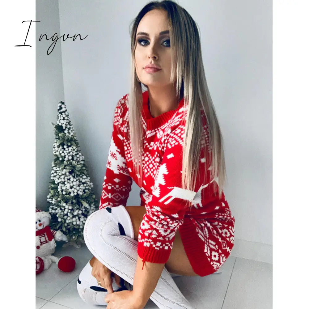 Ingvn - Fashion Autumn Winter Long Sleeve Loose Christmas Dresses Ladies Print A - Line Mini Dress