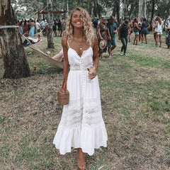Ingvn - Fashion Boho Long Maxi Dress Women Summer Ladies Sleeveless White Beach Dresses