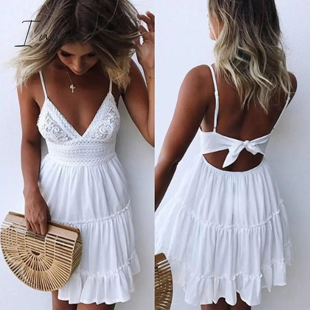 Ingvn - Fashion Boho Long Maxi Dress Women Summer Ladies Sleeveless White Beach Short Dress_1 / S