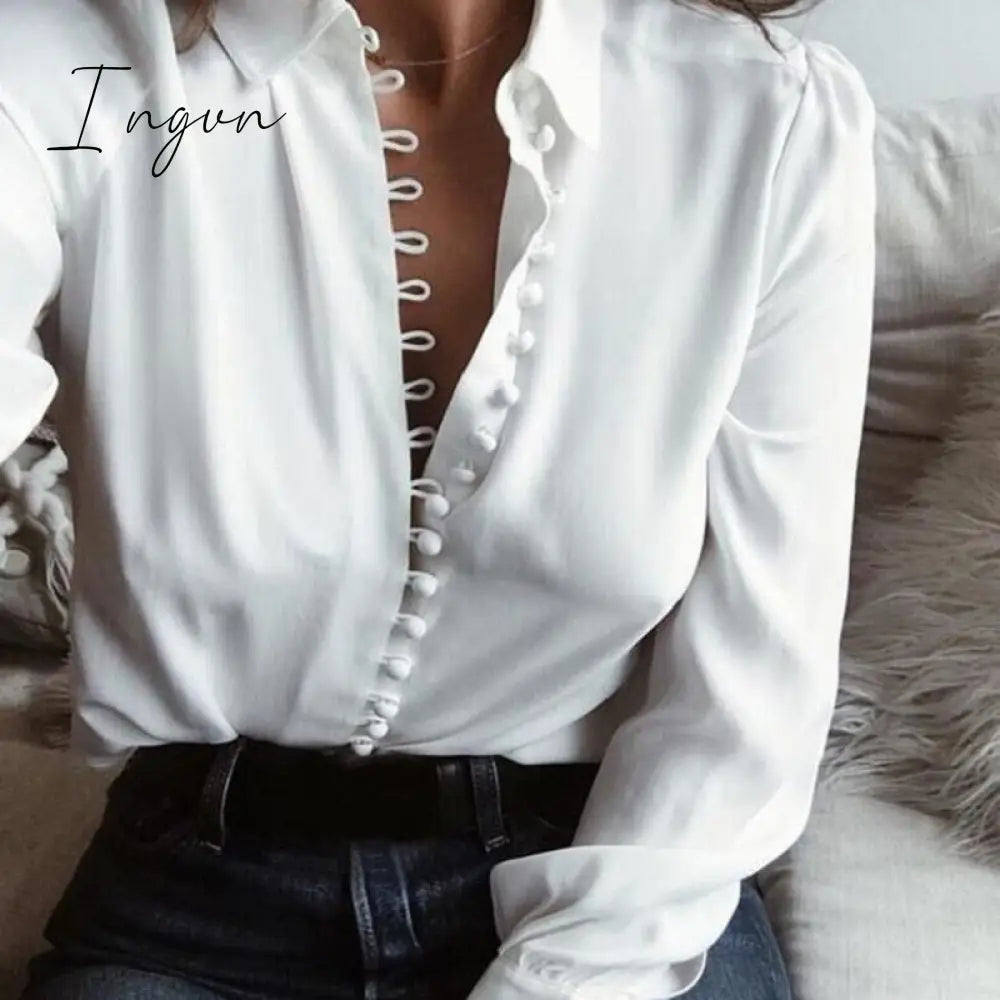 Ingvn - Fashion Casual Solid Color Ladies Office Tops Sexy Buttons Long Sleeve Blouse New Spring