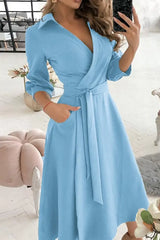 Ingvn - Fashion Elegant Print Solid Patchwork Frenulum V Neck A Line Dresses(10 Colors) Baby Blue /