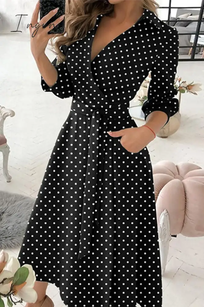 Ingvn - Fashion Elegant Print Solid Patchwork Frenulum V Neck A Line Dresses(10 Colors) Black And