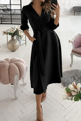 Ingvn - Fashion Elegant Print Solid Patchwork Frenulum V Neck A Line Dresses(10 Colors) Black / S