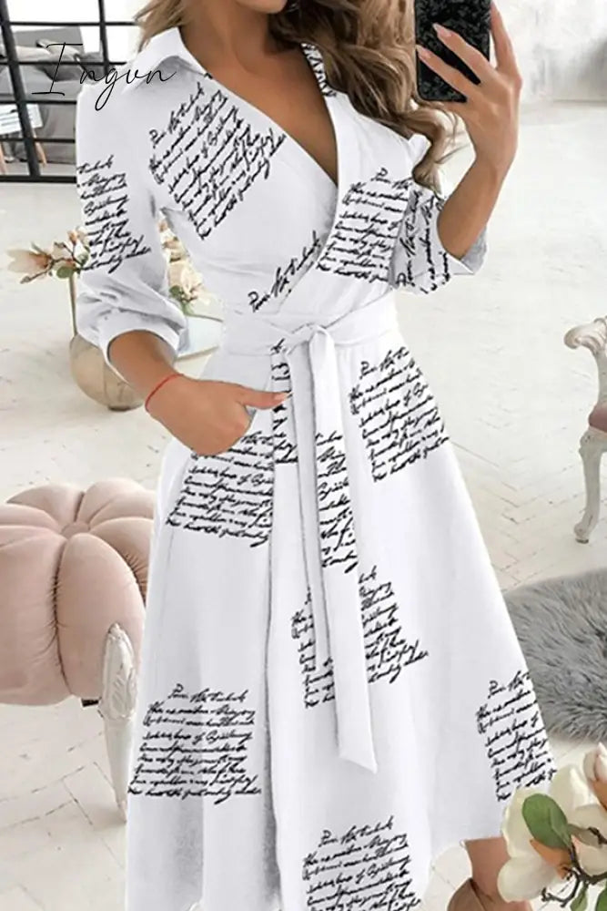 Ingvn - Fashion Elegant Print Solid Patchwork Frenulum V Neck A Line Dresses(10 Colors) Letter / S