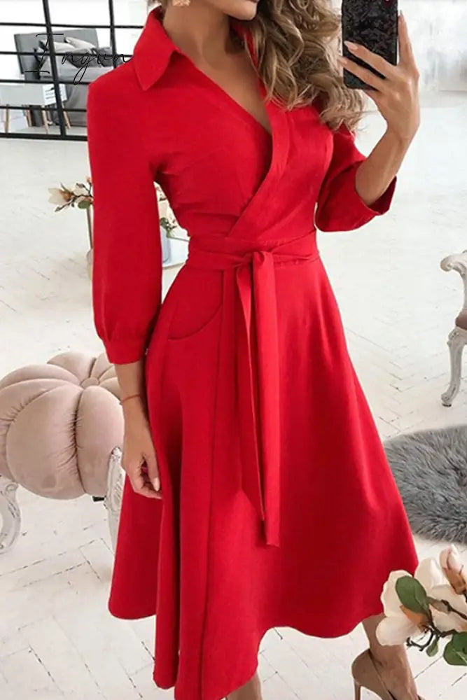 Ingvn - Fashion Elegant Print Solid Patchwork Frenulum V Neck A Line Dresses(10 Colors) Red / S