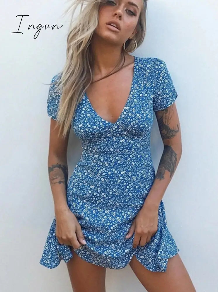Ingvn - Fashion Foridol Blue Floral Print Summer Beach Dress Women Casual Holiday Short Sleeve Boho