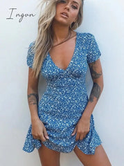 Ingvn - Fashion Foridol Blue Floral Print Summer Beach Dress Women Casual Holiday Short Sleeve Boho
