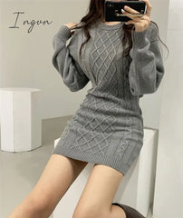 Ingvn - Fashion Hollow Out Waist Sweater Dress Women Autumn Winter High Elastic Twist Knitted