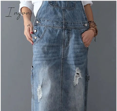 Ingvn - Fashion Maxi Denim Dress Summer Ladies Suspenders Holes Jean Dresses Female Loose Plus Size