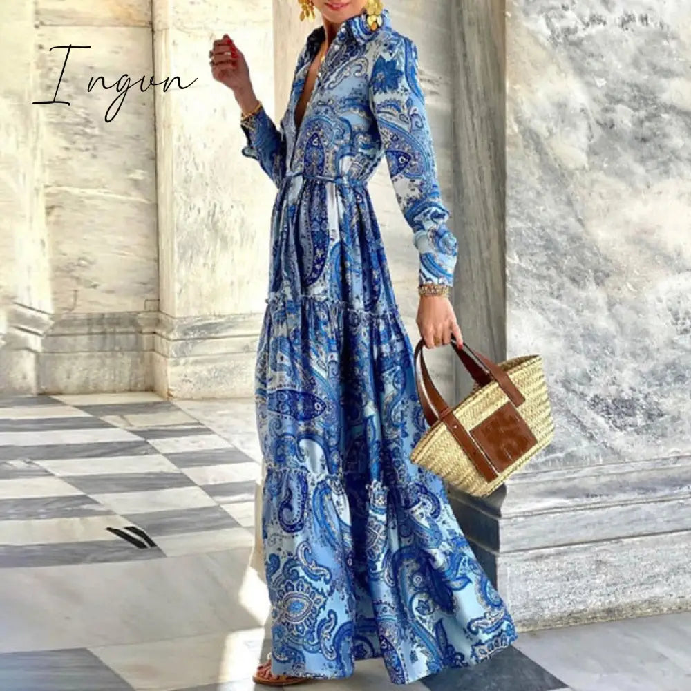 Ingvn - Fashion Printed Long Sleeve Dress 01 Light Blue / S