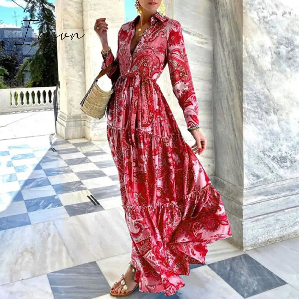 Ingvn - Fashion Printed Long Sleeve Dress 03 Red / S
