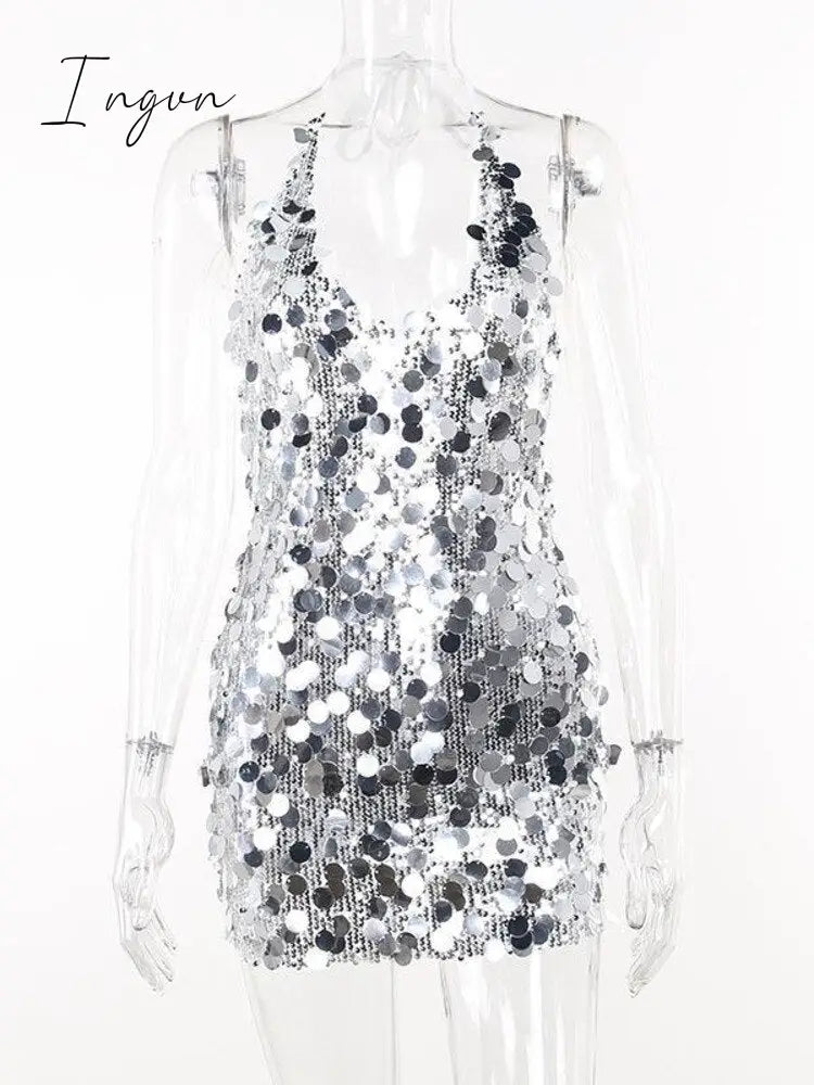 Ingvn - Fashion Sequins Mini Dress Women Halter V Neck Sleeveless Backless Sparkle Dresses Female