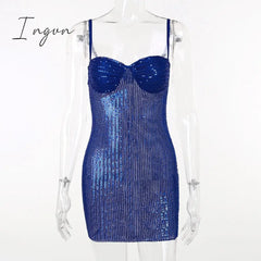 Ingvn - Fashion Sequins Skinny Mini Dress Women Spaghetti Strap Sleeveless Backless Slipdress