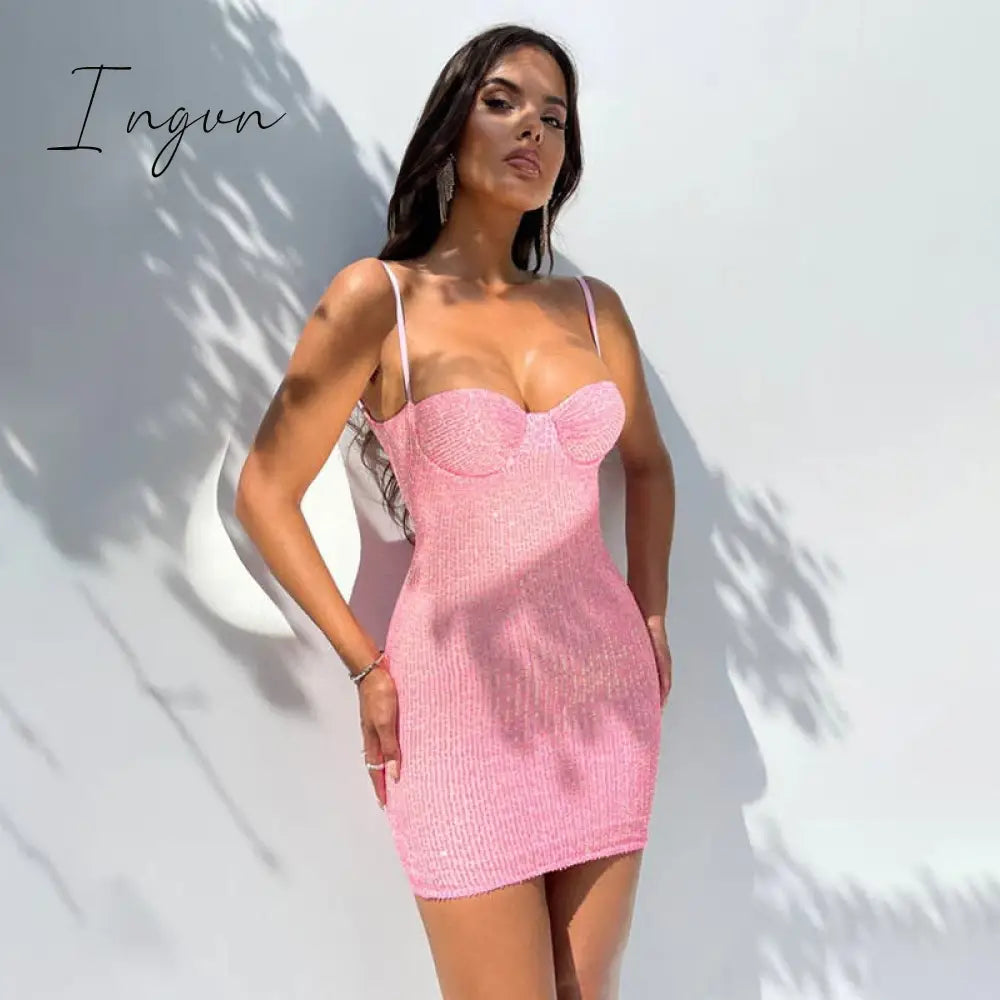 Ingvn - Fashion Sequins Skinny Mini Dress Women Spaghetti Strap Sleeveless Backless Slipdress