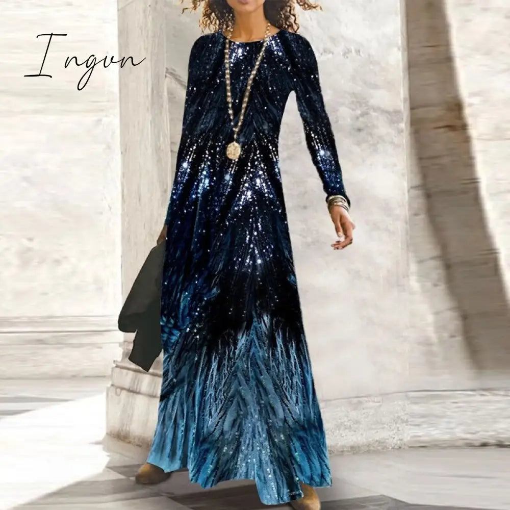Ingvn - Fashion Shiny Long Office Lady Party Dress Women Vintage Round Neck Sleeve Maxi Autumn Slim