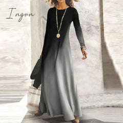 Ingvn - Fashion Shiny Long Office Lady Party Dress Women Vintage Round Neck Sleeve Maxi Autumn Slim